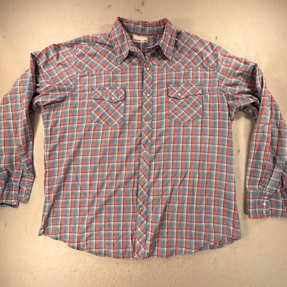 Wrangler Wrancher Mens Blue Red Plaid Western Pearl Snap Long Sleeve Shirt